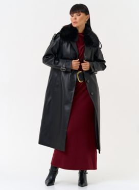 Женское утепленное пальто из экокожи с воротником из эко меха Женское утепленное пальто из экокожи с воротником из эко меха