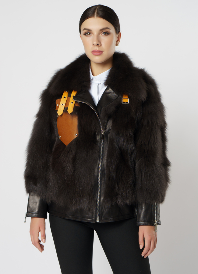 Куртка женская из натуральной кожи с отделкой из песца модель № 20909 меха малина