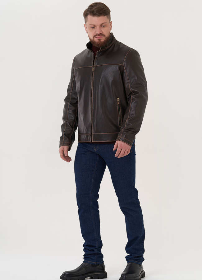 Куртка из натуральной кожи под винтаж модель № 26925 меха малина