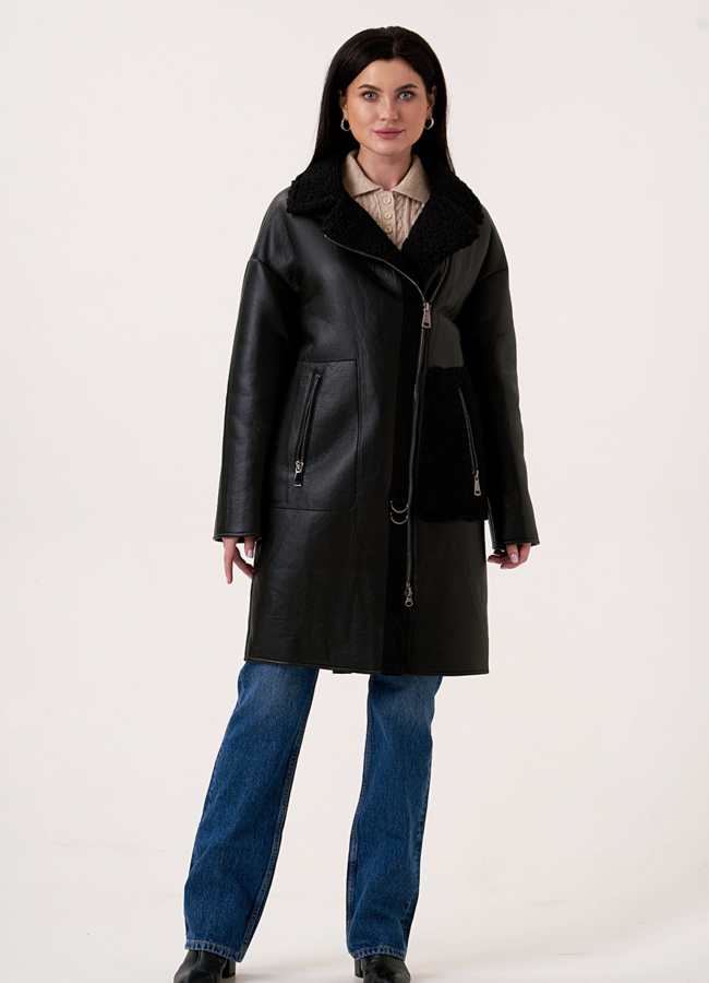 фото Женская искусственная дубленка на молнии с отложным воротником модель № 2026