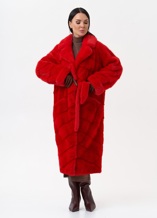 Длинная красная шуба из норки модель № 26244 универмаг малина