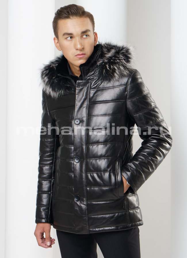 Кожаный пуховик модель № ПМ-69 меха малина