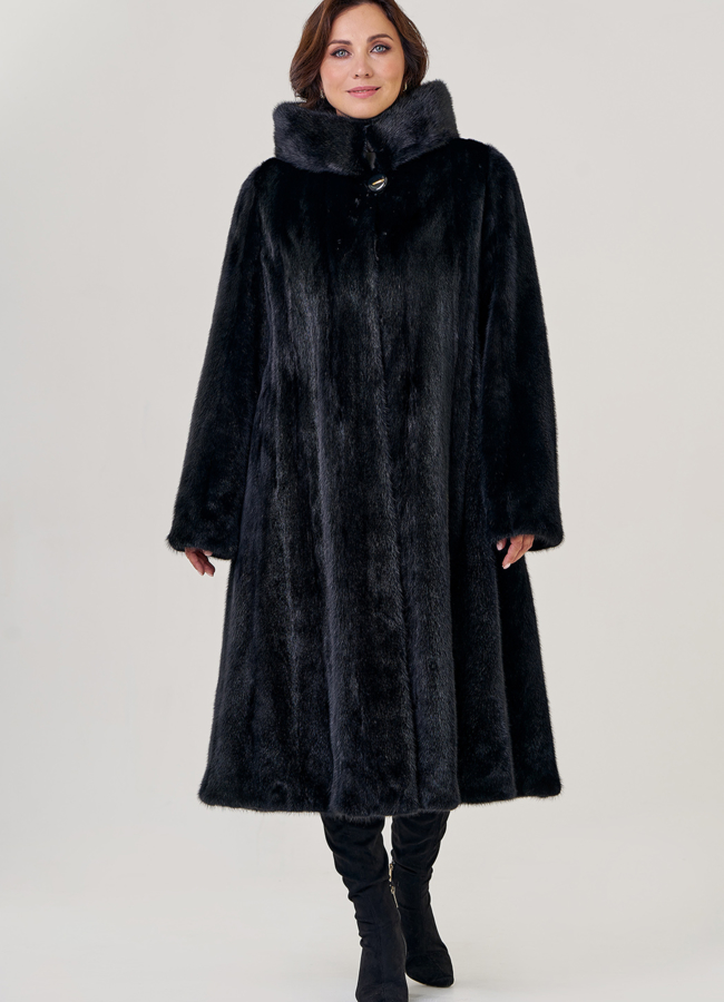 фото Норковая удлиненная  шуба с капюшоном в черном цвете модель № 80956