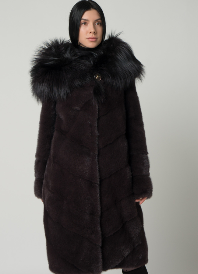 Длинная норковая шуба с капюшоном из чернобурки модель № 1603 универмаг малина