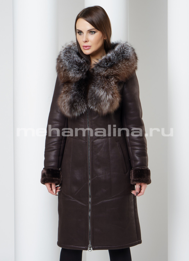 Дубленка с капюшоном модель № D-192 меха малина