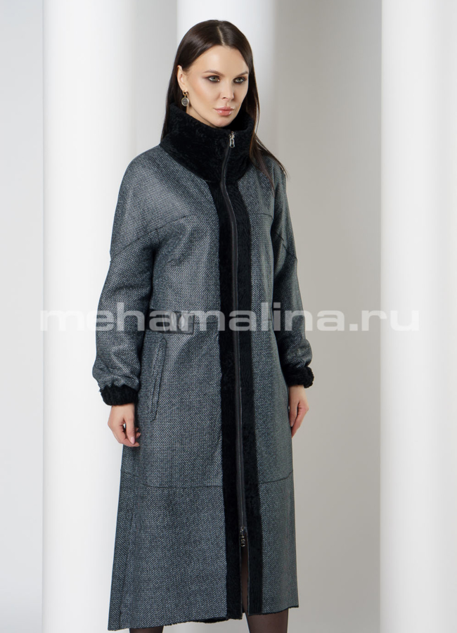 Дубленка черного цвета на молнии с воротником стойка  модель № 7879 в рассрочку