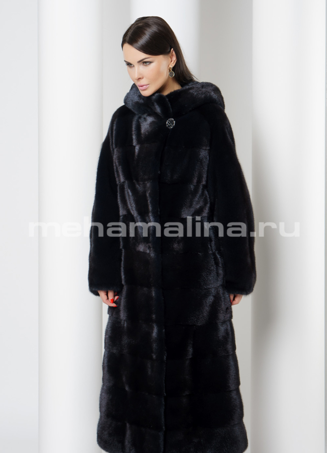 Норковая шуба с капюшоном темно-синего цвета модель № S-725 универмаг малина