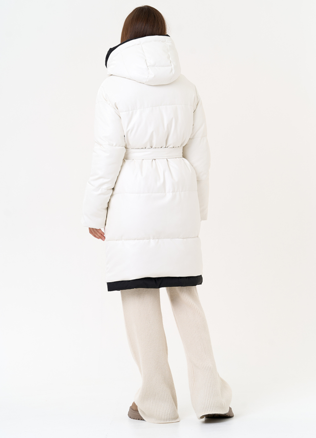 Белый пуховик из эко кожи с поясом модель № 30728 в рассрочку Белый пуховик из эко кожи с поясом модель № 30728 в рассрочку