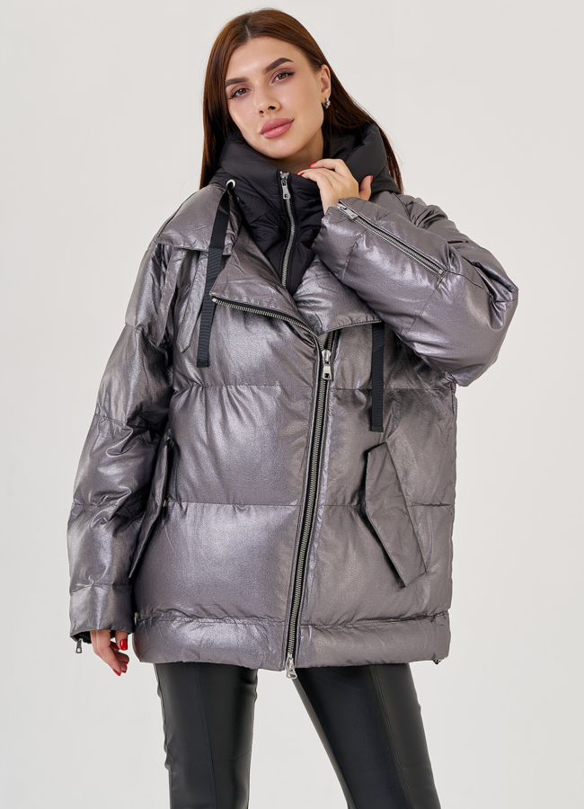 Серебристый пуховик Malina Siberian из эко кожи модель № 79214 универмаг малина