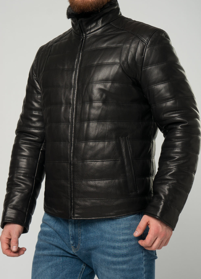 Мужской пуховик из натуральной кожи с воротником стойкой модель № 20025 в рассрочку