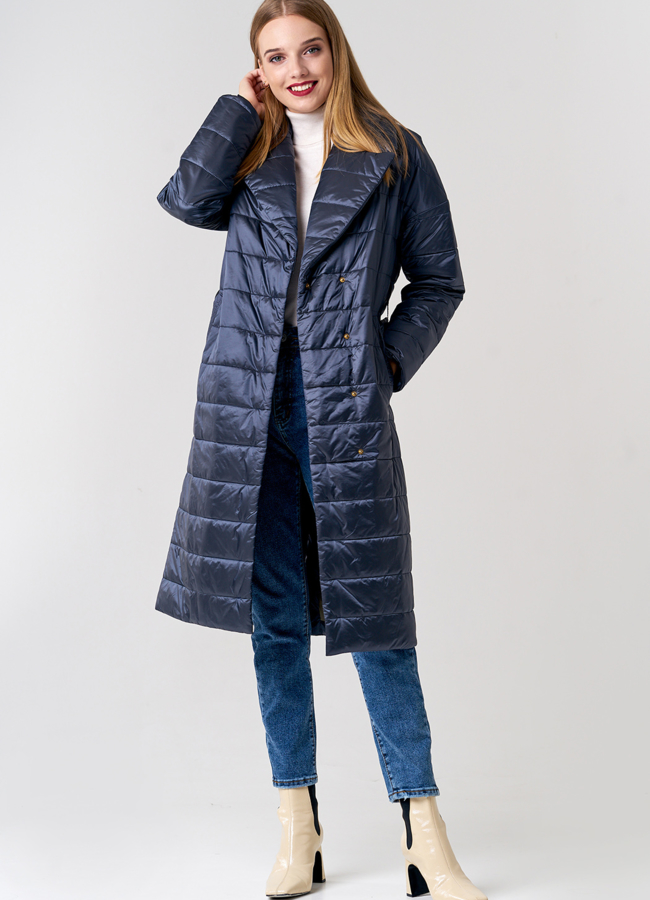 Женское стеганое пальто с поясом модель № 21643 универмаг малина