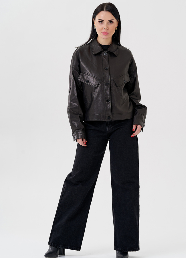 фото Женская куртка из натуральной кожи черного цвета  модель № 24089