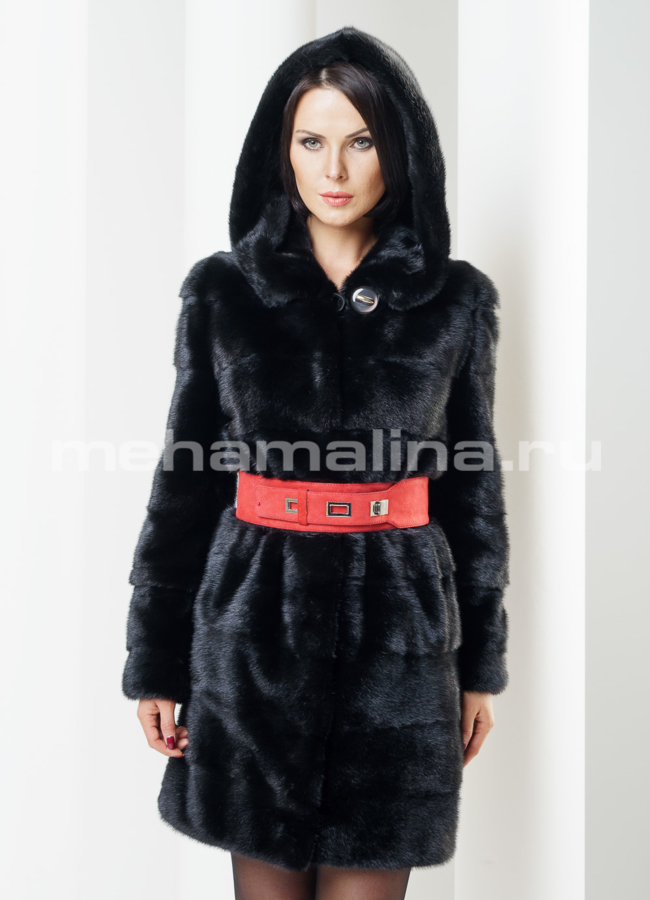 Шуба норка черная, поперечка с капюшоном.  модель № S-236 меха малина