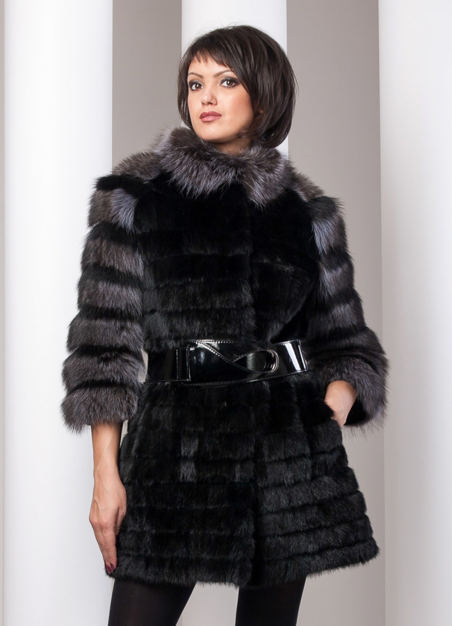 Шуба из норки с енотом, съемный рукав 3/4 модель № S-16 в рассрочку Шуба из норки с енотом, съемный рукав 3/4 модель № S-16 в рассрочку