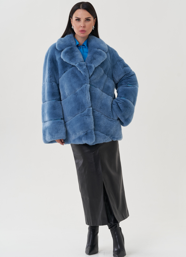 фото Шуба голубого цвета из меха кролика модель № 25322