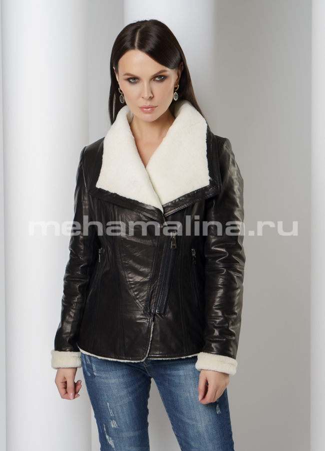 Кожаная куртка черного цвета на молнии модель № 817 меха малина
