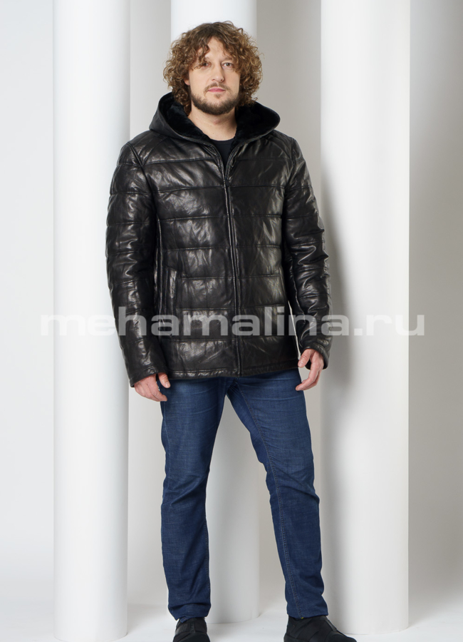 фото Кожаный пуховик с отделкой из овчины модель № KP-230