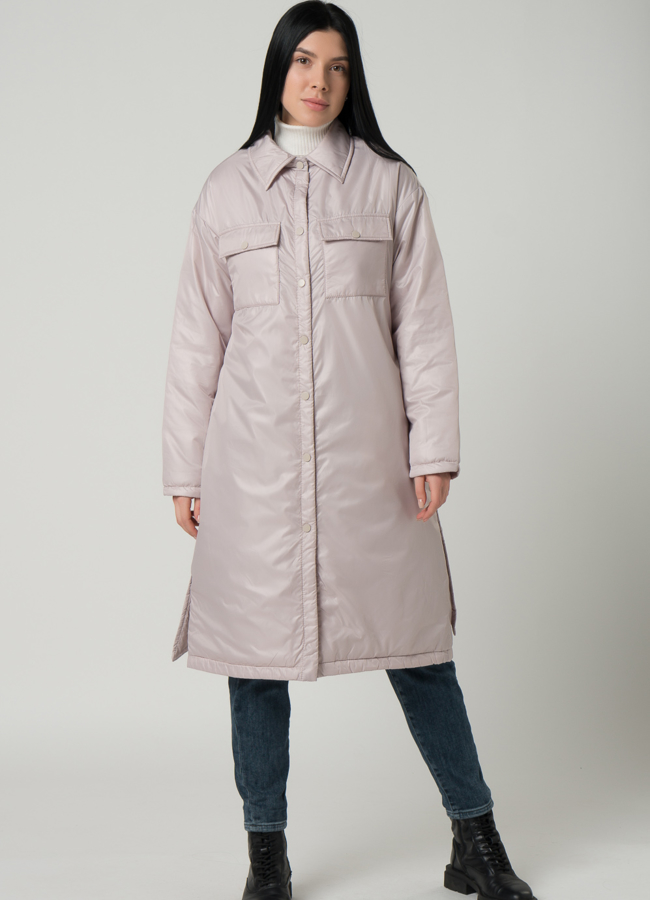 Женское пальто-рубашка бежевого цвета с поясом модель № 22390 в рассрочку