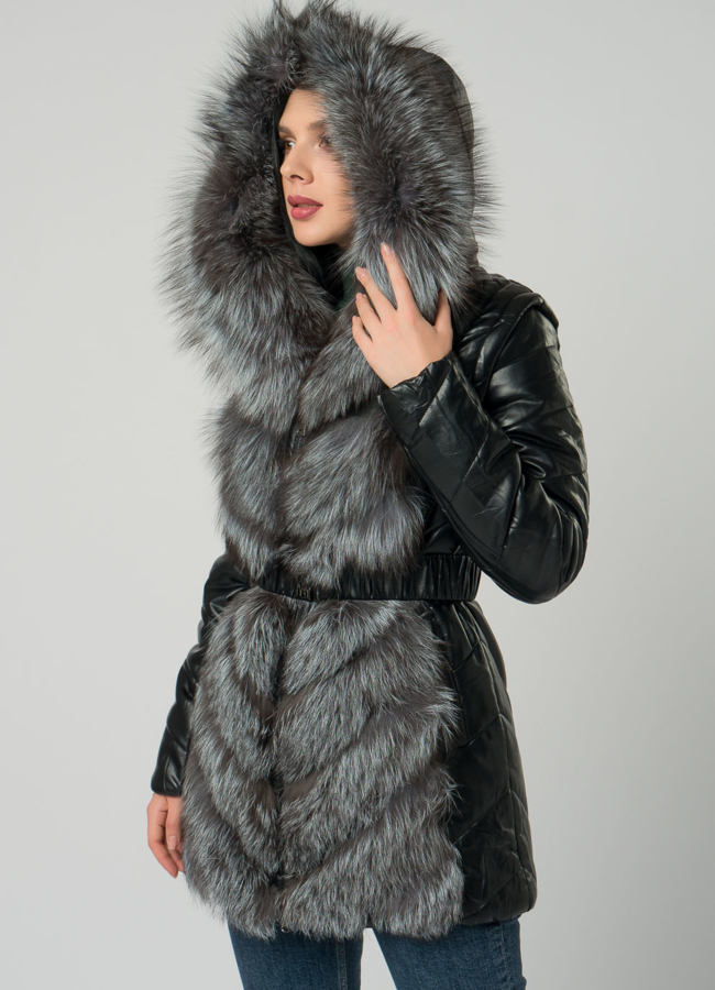 Пуховик трансформер из эко кожи черного цвета с чернобуркой модель № 19560, 76642 универмаг малина