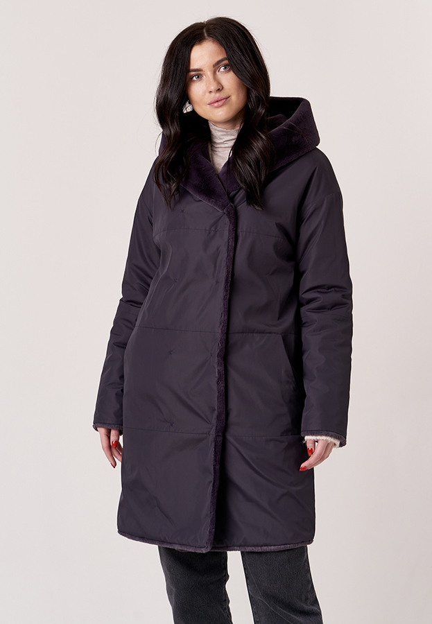 фото Двусторонняя шуба из эко меха с капюшоном модель № 19352