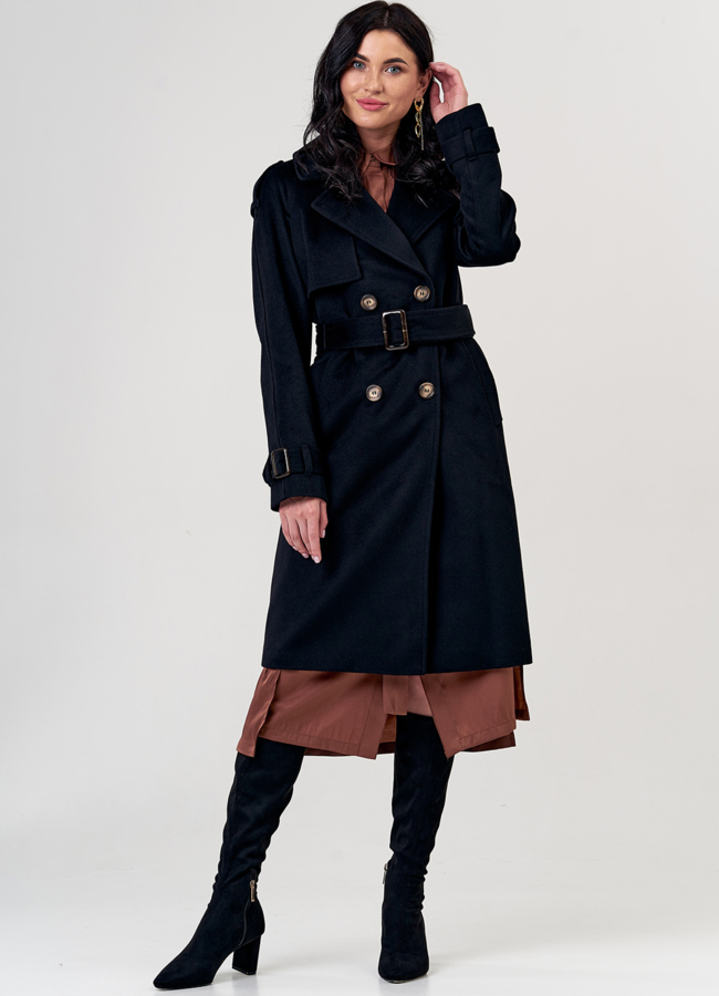 Женское пальто черного цвета с поясом модель № 21346 универмаг малина