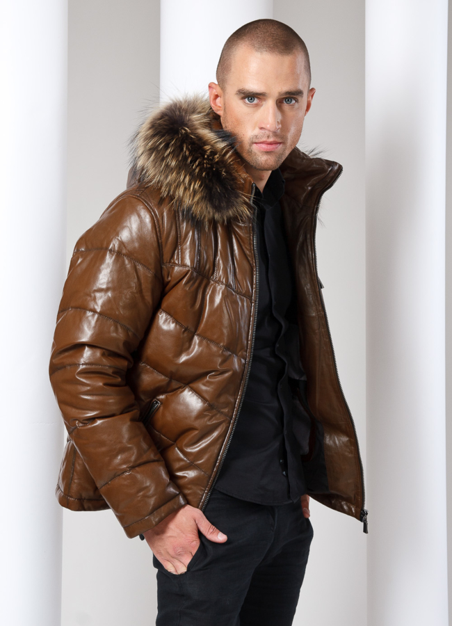 Кожаный пуховик модель № ПМ-3 в рассрочку