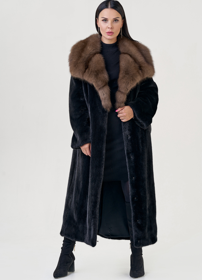 Длинная шуба  из скандинавской норки с куницей модель № 78741 меха малина