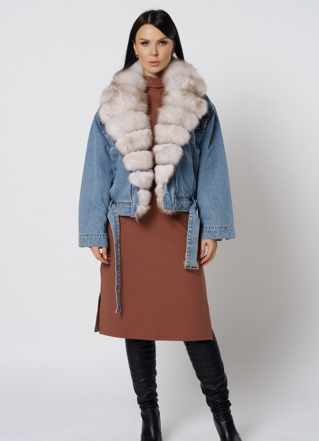 фото Утепленная джинсовая куртка с отделкой из песца модель № 21703