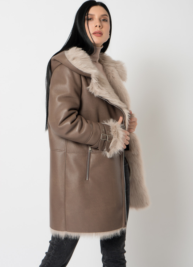 Дубленка из эко меха под тоскану модель № 79315 универмаг малина