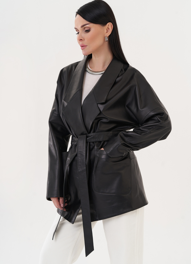 Кожаная куртка-пиджак с поясом модель № 26952 в рассрочку