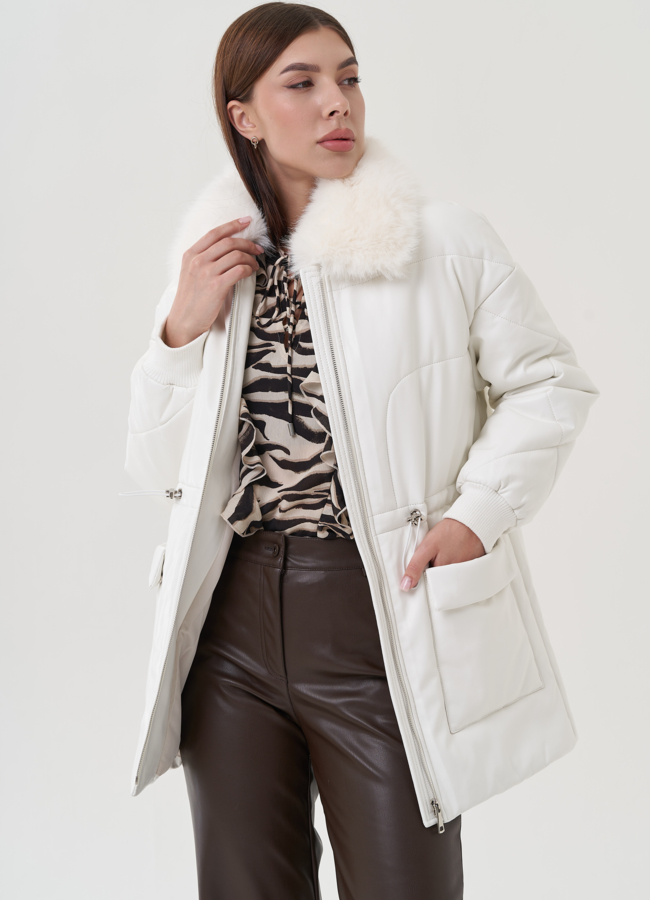 Куртка утепленная из эко кожи с отделкой из меха песца модель № 25497 универмаг малина