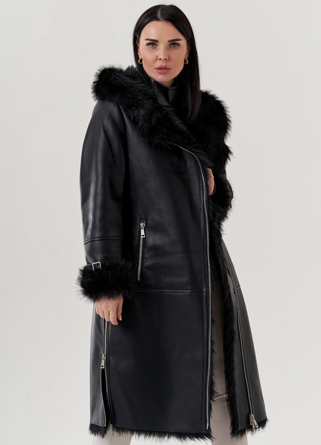 фото Женская дубленка из эко кожи черного цвета  модель № 79456