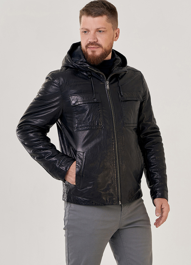 Мужская кожаная куртка с капюшоном модель № 80596 универмаг малина