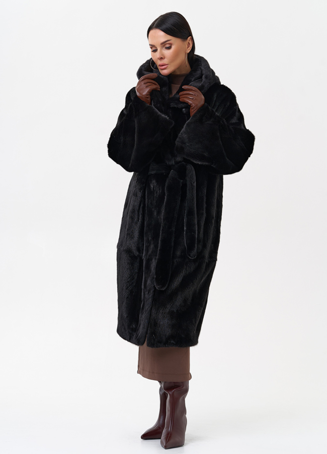Норковая шуба с капюшоном  модель № 29391 универмаг малина