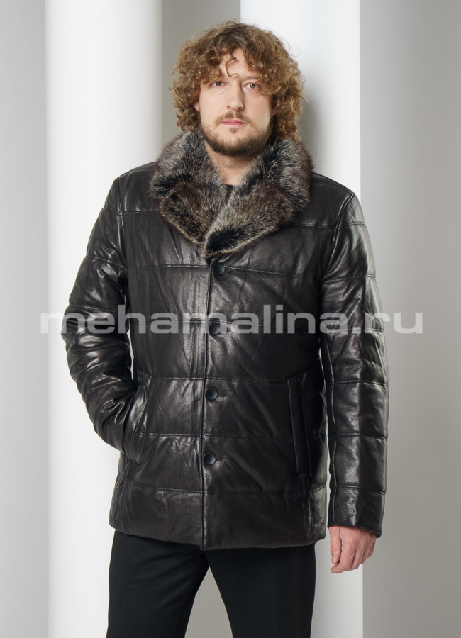 Пуховик из натуральной кожи на пуговицах с английским воротником модель № ПМ-105 универмаг малина