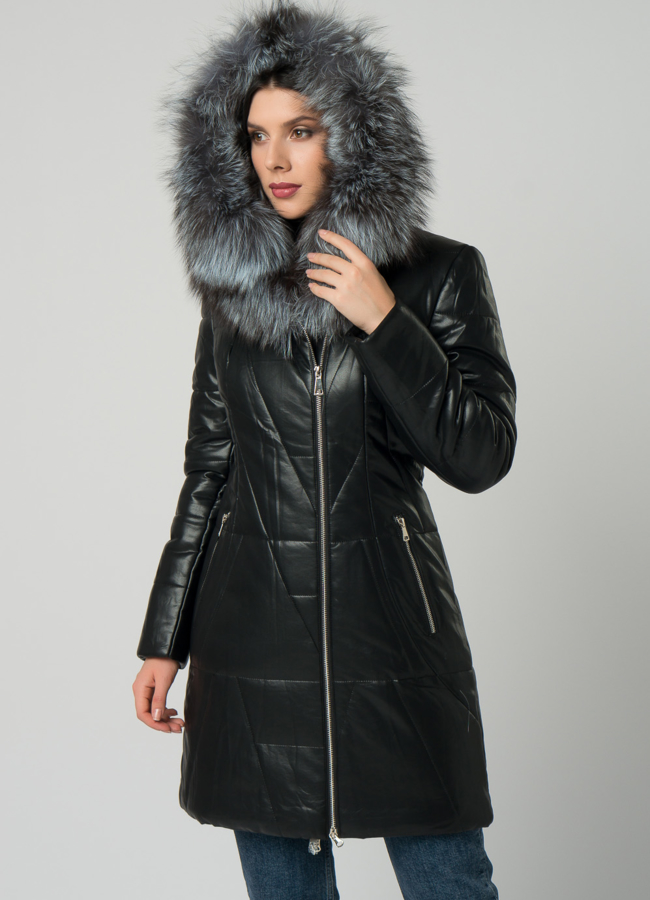 Пуховик из эко кожи черного цвета с чернобуркой модель № 18983 универмаг малина