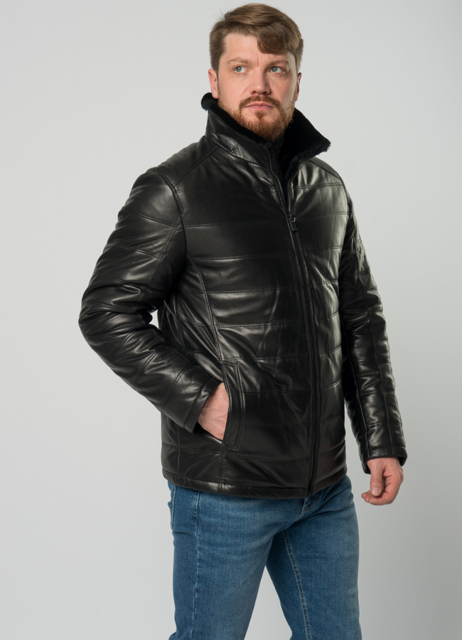 Мужской пуховик из натуральной кожи с отделкой из овчины модель № 21916 меха малина