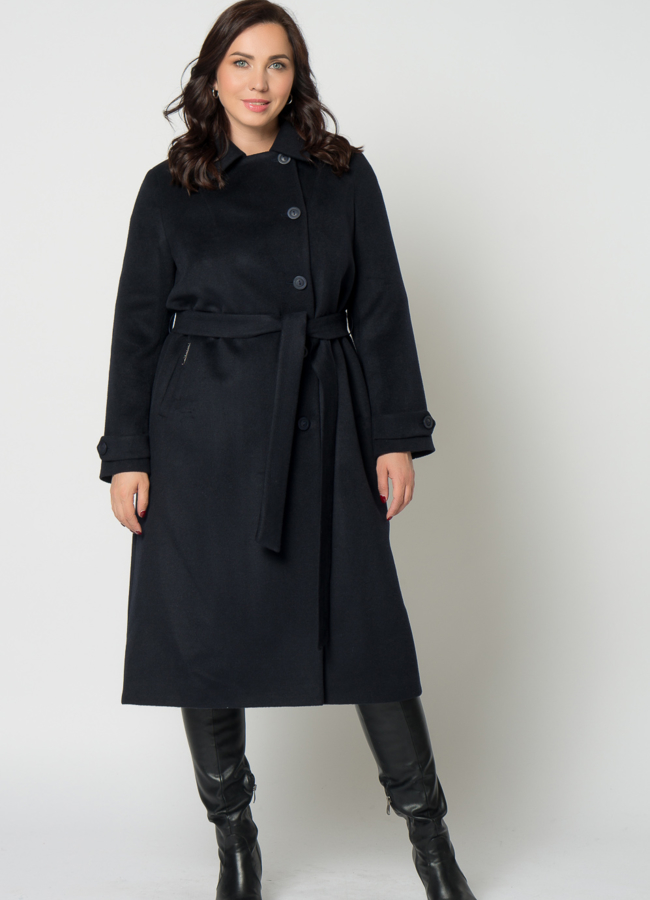 фото Женское пальто синего цвета с поясом модель № 21372