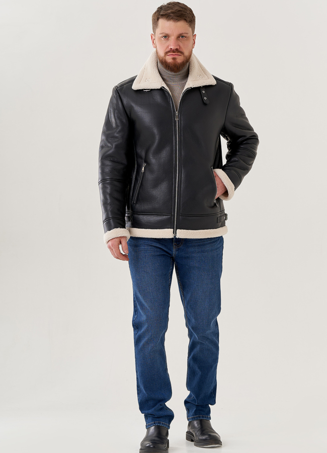 Мужская эко дубленка -  пилот черного цвета  модель № 79657 меха малина Мужская эко дубленка -  пилот черного цвета  модель № 79657 меха малина