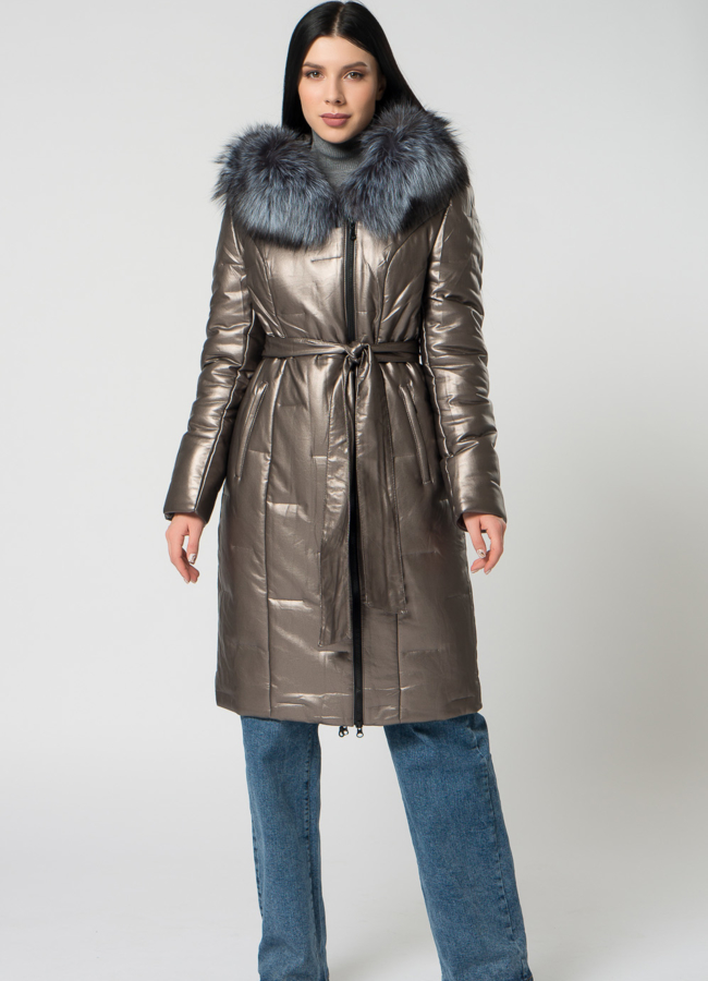 фото Пуховик из эко кожи с чернобуркой модель № 22122