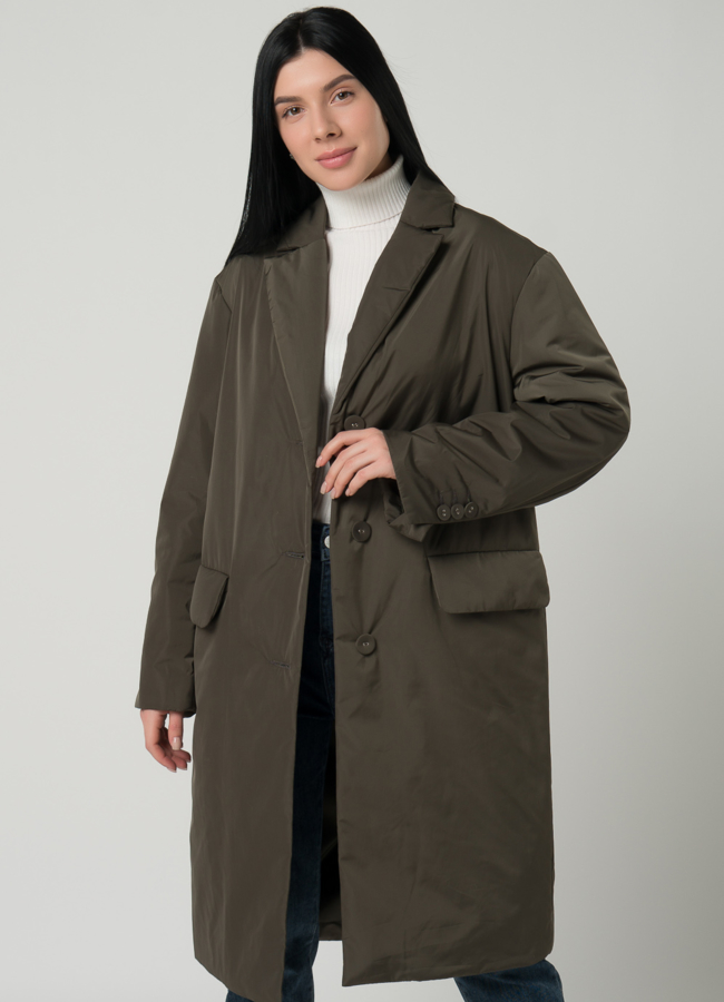 Женское полупальто с английским воротником на утеплителе в цвете хаки модель № 21158 универмаг малина