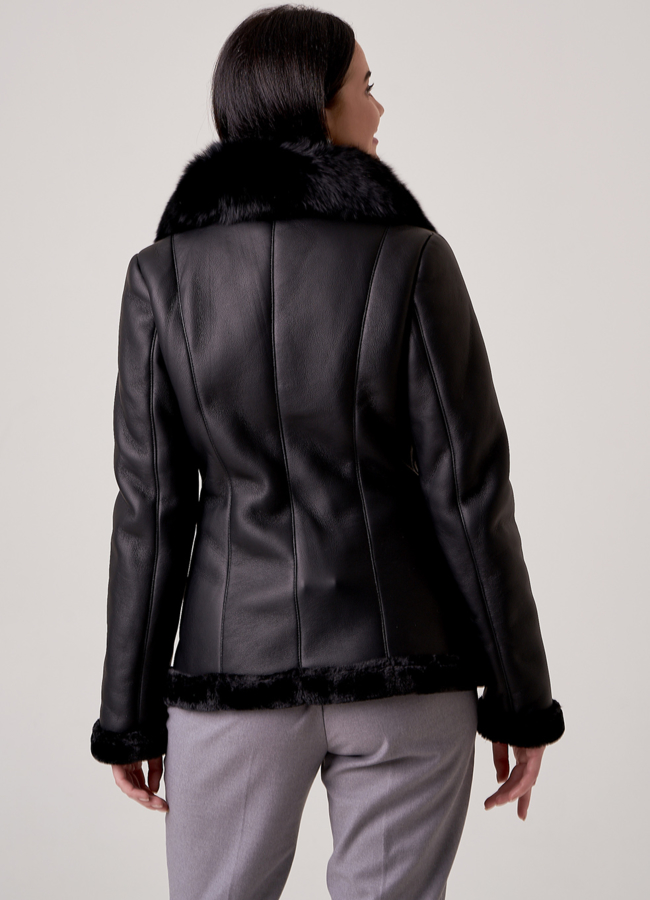 фото Дубленка черного цвета с воротником из песца модель № 1970-1