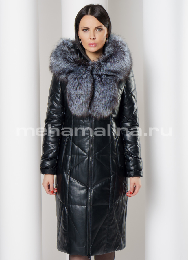 фото Удлиненный пуховик из эко кожи с капюшоном модель № 6160