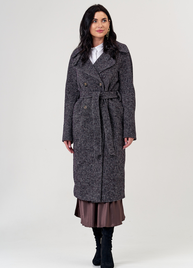 Женское двубортное пальто с поясом модель № 21342 меха малина