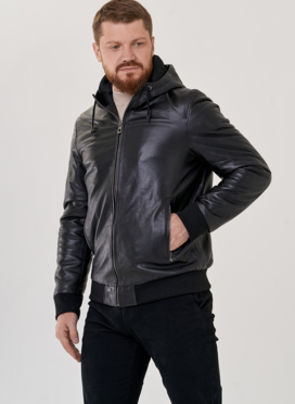 Мужская кожаная куртка с капюшоном 