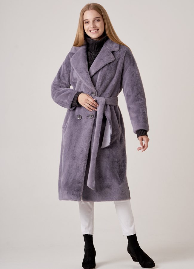 Двубортное пальто из искусственного меха модель № 18305 меха малина