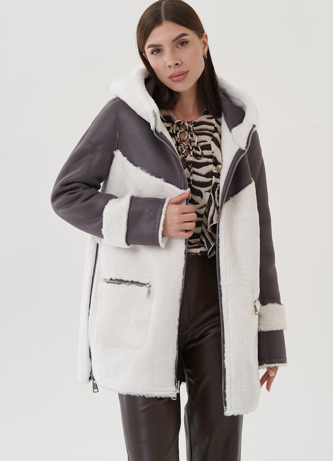 Дубленка в цвете графит с капюшоном модель № 25401 универмаг малина