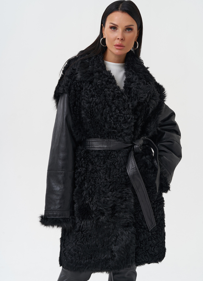 Двухсторонняя дубленка с овчиной тиградо модель № 28423 меха малина