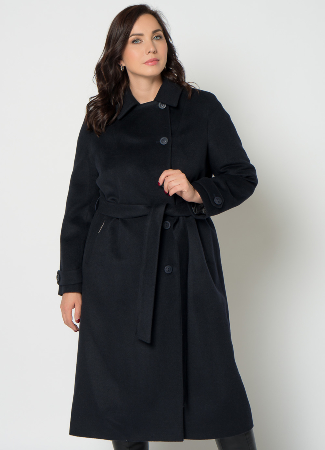 Женское пальто синего цвета с поясом модель № 21372 меха малина