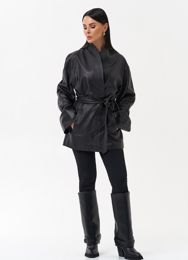 фото Жакет с поясом из натуральной кожи модель № 4582